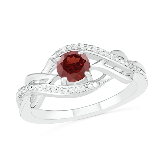 5.0mm Garnet and 0.04 CT. T.W. Diamond Layered Infinity Braid Ring in Sterling Silver