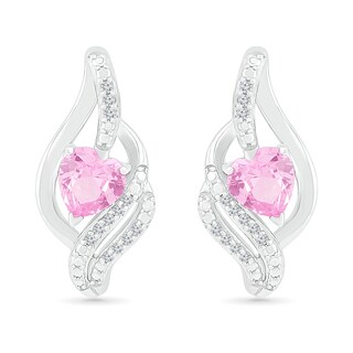 Heart-Shaped Pink Lab-Created Sapphire Ribbon Flame Stud Earrings in Sterling Silver