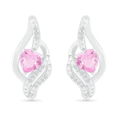 Heart-Shaped Pink Lab-Created Sapphire Ribbon Flame Stud Earrings in Sterling Silver