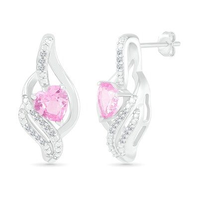 Heart-Shaped Pink Lab-Created Sapphire Ribbon Flame Stud Earrings in Sterling Silver