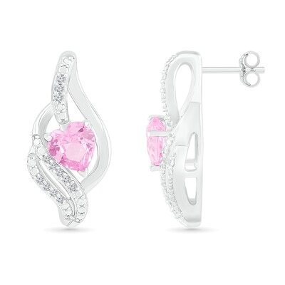 Heart-Shaped Pink Lab-Created Sapphire Ribbon Flame Stud Earrings in Sterling Silver