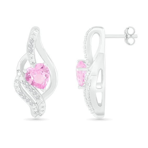 Heart-Shaped Pink Lab-Created Sapphire Ribbon Flame Stud Earrings in Sterling Silver