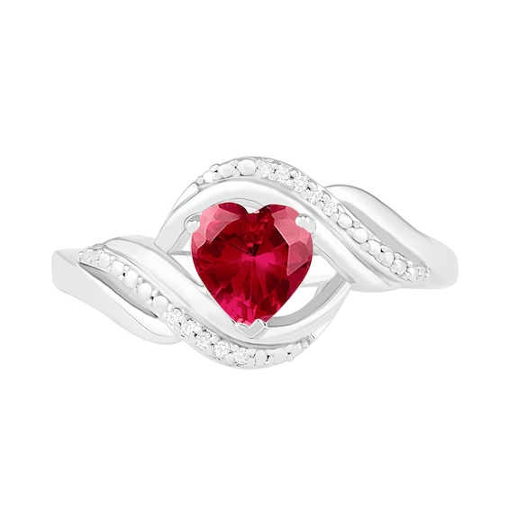 Heart-Shaped Lab-Created Ruby and Diamond Accent Ribbon Ring in Sterling Silver