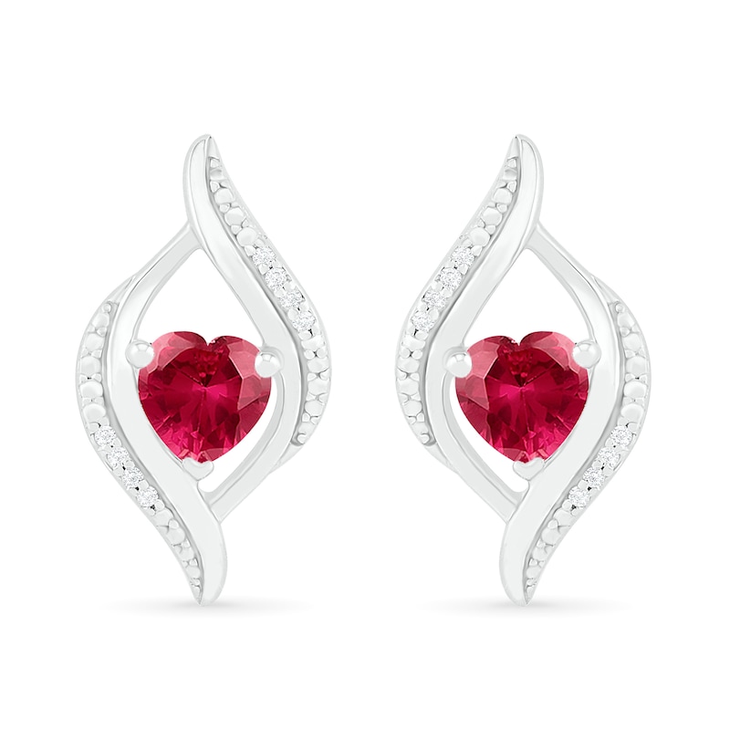 Heart-Shaped Lab-Created Ruby and 0.04 CT. T.W. Diamond Open Flame Stud Earrings in Sterling Silver