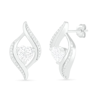 Heart-Shaped White Lab-Created Sapphire and 0.04 CT. T.W. Diamond Open Flame Stud Earrings in Sterling Silver