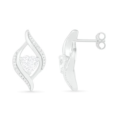 Heart-Shaped White Lab-Created Sapphire and 0.04 CT. T.W. Diamond Open Flame Stud Earrings in Sterling Silver