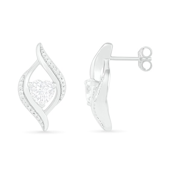 Heart-Shaped White Lab-Created Sapphire and 0.04 CT. T.W. Diamond Open Flame Stud Earrings in Sterling Silver