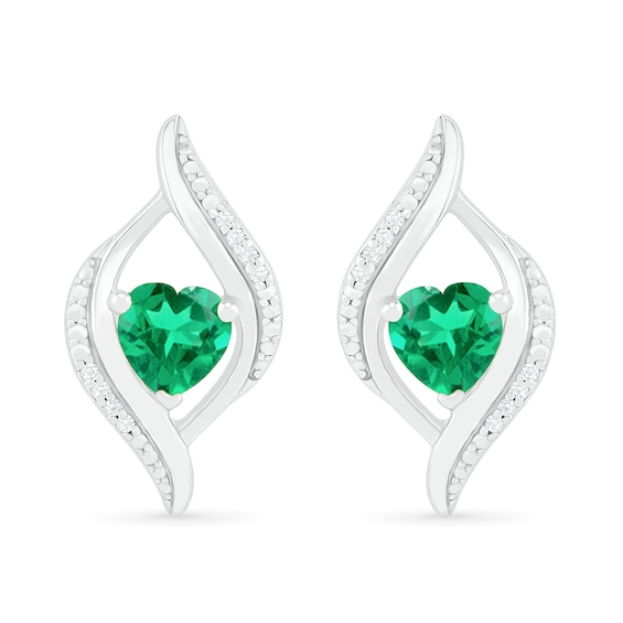 Heart-Shaped Lab-Created Emerald and 0.04 CT. T.W. Diamond Open Flame Stud Earrings in Sterling Silver