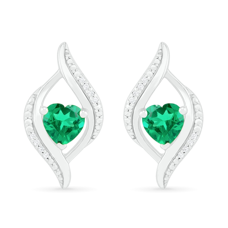 Heart-Shaped Lab-Created Emerald and 0.04 CT. T.W. Diamond Open Flame Stud Earrings in Sterling Silver|Peoples Jewellers