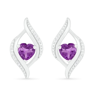 Heart-Shaped Amethyst and 0.04 CT. T.W. Diamond Open Flame Stud Earrings in Sterling Silver