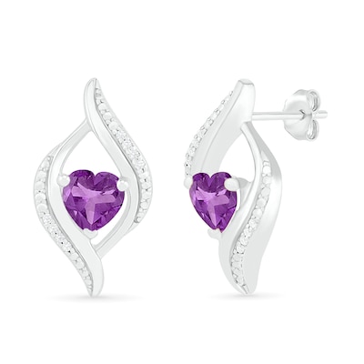 Heart-Shaped Amethyst and 0.04 CT. T.W. Diamond Open Flame Stud Earrings in Sterling Silver