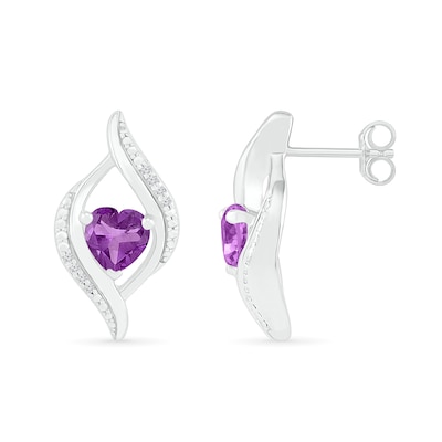 Heart-Shaped Amethyst and 0.04 CT. T.W. Diamond Open Flame Stud Earrings in Sterling Silver