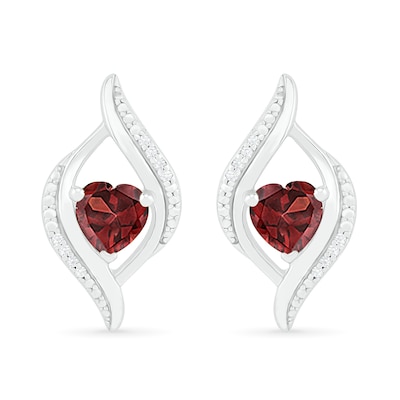 Heart-Shaped Garnet and 0.04 CT. T.W. Diamond Open Flame Stud Earrings in Sterling Silver