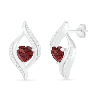 Heart-Shaped Garnet and 0.04 CT. T.W. Diamond Open Flame Stud Earrings in Sterling Silver