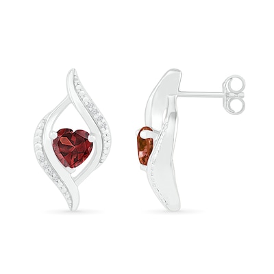 Heart-Shaped Garnet and 0.04 CT. T.W. Diamond Open Flame Stud Earrings in Sterling Silver