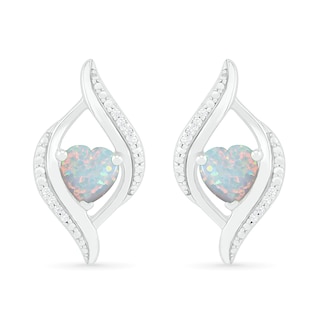 Heart-Shaped Lab-Created Opal and 0.04 CT. T.W. Diamond Open Flame Stud Earrings in Sterling Silver