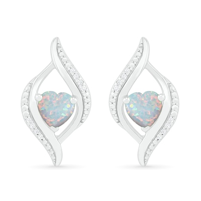 Heart-Shaped Lab-Created Opal and 0.04 CT. T.W. Diamond Open Flame Stud Earrings in Sterling Silver