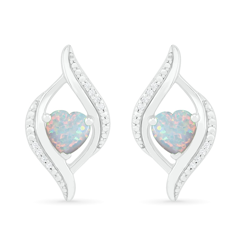 Heart-Shaped Lab-Created Opal and 0.04 CT. T.W. Diamond Open Flame Stud Earrings in Sterling Silver|Peoples Jewellers