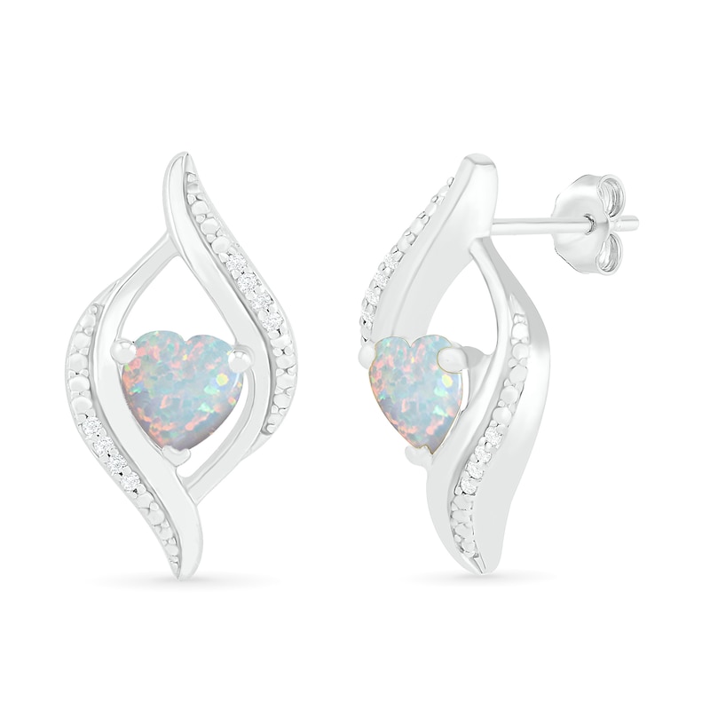 Heart-Shaped Lab-Created Opal and 0.04 CT. T.W. Diamond Open Flame Stud Earrings in Sterling Silver