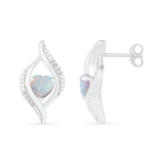 Heart-Shaped Lab-Created Opal and 0.04 CT. T.W. Diamond Open Flame Stud Earrings in Sterling Silver