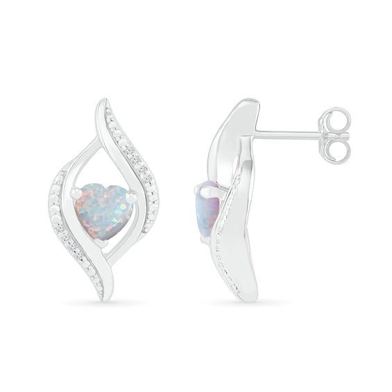 Heart-Shaped Lab-Created Opal and 0.04 CT. T.W. Diamond Open Flame Stud Earrings in Sterling Silver