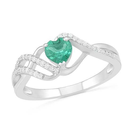 5.0mm Heart-Shaped Lab-Created Emerald and 0.067 CT. T.W. Diamond Ribbon Ring in Sterling Silver