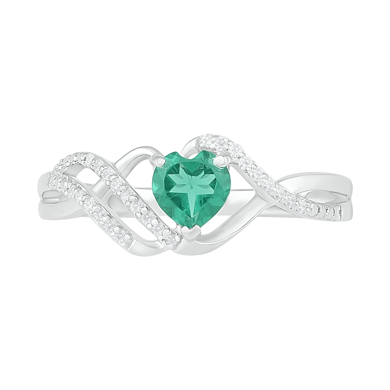 5.0mm Heart-Shaped Lab-Created Emerald and 0.067 CT. T.W. Diamond Ribbon Ring in Sterling Silver|Peoples Jewellers