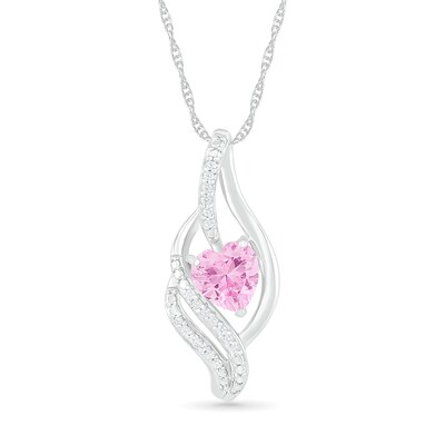 Heart-Shaped Pink Lab-Created Sapphire and Diamond Accent Flame Pendant in Sterling Silver