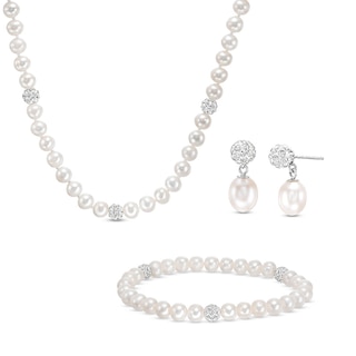 IMPERIAL® Freshwater Cultured Pearl and Crystal Bead Station Necklace, Bracelet and Drop Earrings Set in Sterling Silver