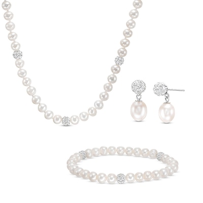 IMPERIAL® Freshwater Cultured Pearl and Crystal Bead Station Necklace, Bracelet and Drop Earrings Set in Sterling Silver