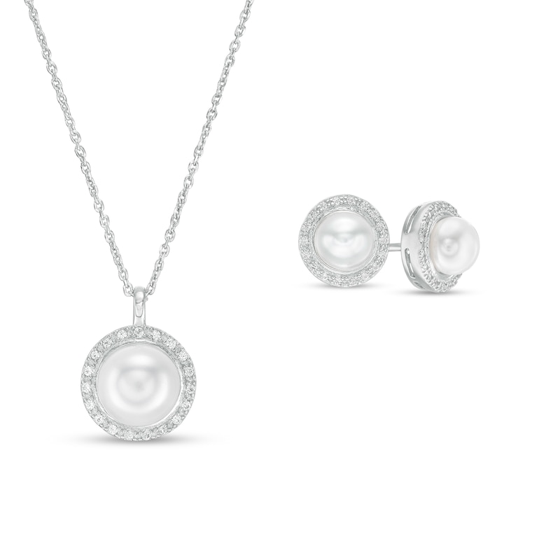 IMPERIAL® Button Freshwater Cultured Pearl and White Lab-Created Sapphire Pendant and Earrings Set in Sterling Silver