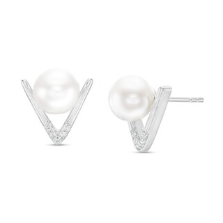 IMPERIAL® 7.0-7.5mm Freshwater Cultured Pearl and Lab-Created White Sapphire Chevron Stud Earrings in Sterling Silver