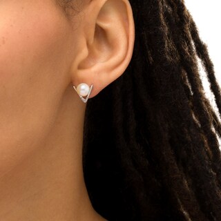 IMPERIAL® 7.0-7.5mm Freshwater Cultured Pearl and Lab-Created White Sapphire Chevron Stud Earrings in Sterling Silver