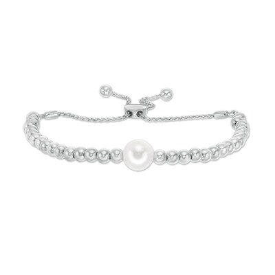 IMPERIAL® 8.0-9.0mm Freshwater Cultured Pearl and Ball Bolo Bracelet in Sterling Silver-11"