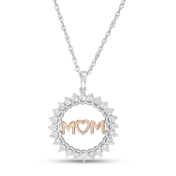 0.10 CT. T.W. Diamond "MOM" Sunburst Circle Pendant in Sterling Silver and 10K Rose Gold