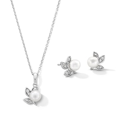 IMPERIAL® Freshwater Cultured Pearl and White Lab-Created Sapphire Leaf Pendant and Stud Earrings Set in Sterling Silver