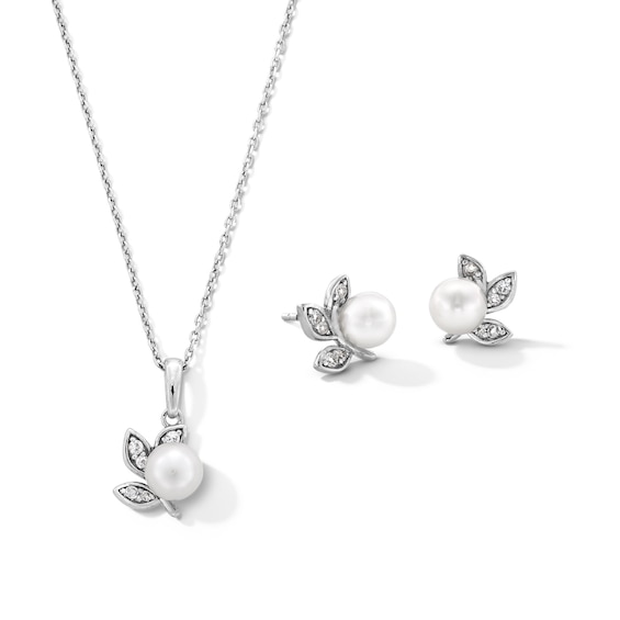 IMPERIAL® Freshwater Cultured Pearl and White Lab-Created Sapphire Leaf Pendant and Stud Earrings Set in Sterling Silver