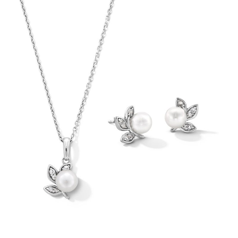 Main Image 1 of IMPERIAL® Freshwater Cultured Pearl and White Lab-Created Sapphire Leaf Pendant and Stud Earrings Set in Sterling Silver