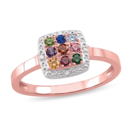 Mother's Birthstone and Diamond Accent Bead Frame Square Cluster Ring (9 Stones)