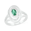 Thumbnail Image 0 of Oval Emerald and 0.065 CT. T.W. Diamond Beaded Open Swirl Frame Triple Row Split Shank Ring in Sterling Silver