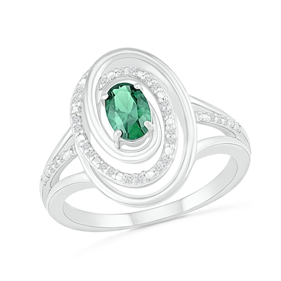 Oval Emerald and 0.065 CT. T.W. Diamond Beaded Open Swirl Frame Triple Row Split Shank Ring in Sterling Silver