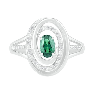 Oval Emerald and 0.065 CT. T.W. Diamond Beaded Open Swirl Frame Triple Row Split Shank Ring in Sterling Silver