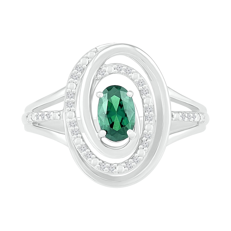 Oval Emerald and 0.065 CT. T.W. Diamond Beaded Open Swirl Frame Triple Row Split Shank Ring in Sterling Silver|Peoples Jewellers