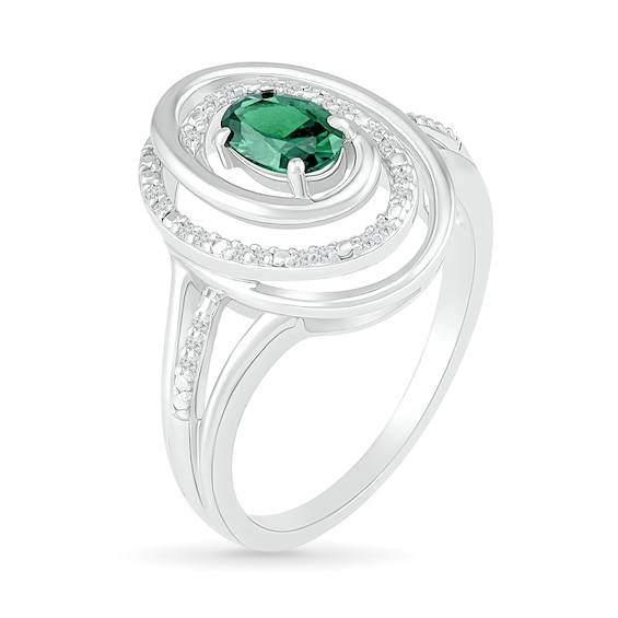 Oval Emerald and 0.065 CT. T.W. Diamond Beaded Open Swirl Frame Triple Row Split Shank Ring in Sterling Silver