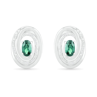 Oval Lab-Created Emerald and 0.066 CT. T.W. Diamond Beaded Open Swirl Frame Stud Earrings in Sterling Silver