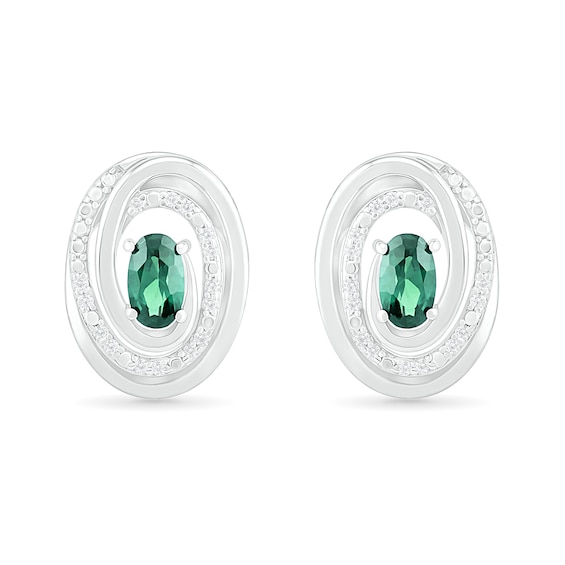 Oval Lab-Created Emerald and 0.066 CT. T.W. Diamond Beaded Open Swirl Frame Stud Earrings in Sterling Silver