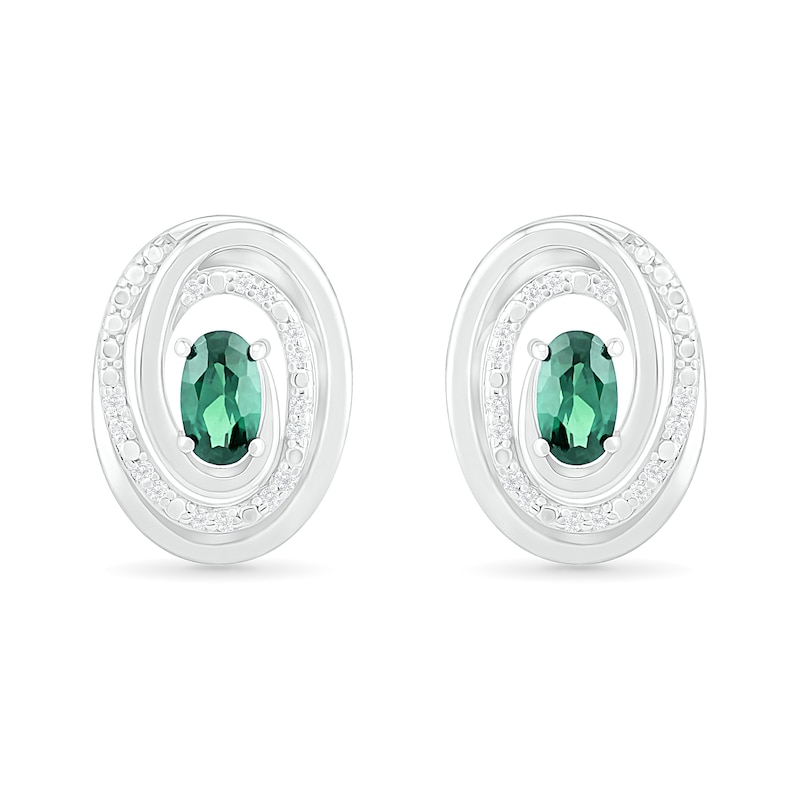 Oval Lab-Created Emerald and 0.066 CT. T.W. Diamond Beaded Open Swirl Frame Stud Earrings in Sterling Silver|Peoples Jewellers