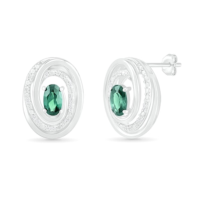 Oval Lab-Created Emerald and 0.066 CT. T.W. Diamond Beaded Open Swirl Frame Stud Earrings in Sterling Silver