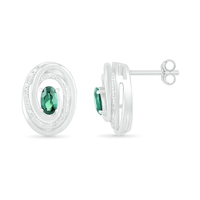 Oval Lab-Created Emerald and 0.066 CT. T.W. Diamond Beaded Open Swirl Frame Stud Earrings in Sterling Silver