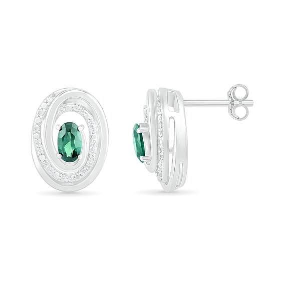 Oval Lab-Created Emerald and 0.066 CT. T.W. Diamond Beaded Open Swirl Frame Stud Earrings in Sterling Silver